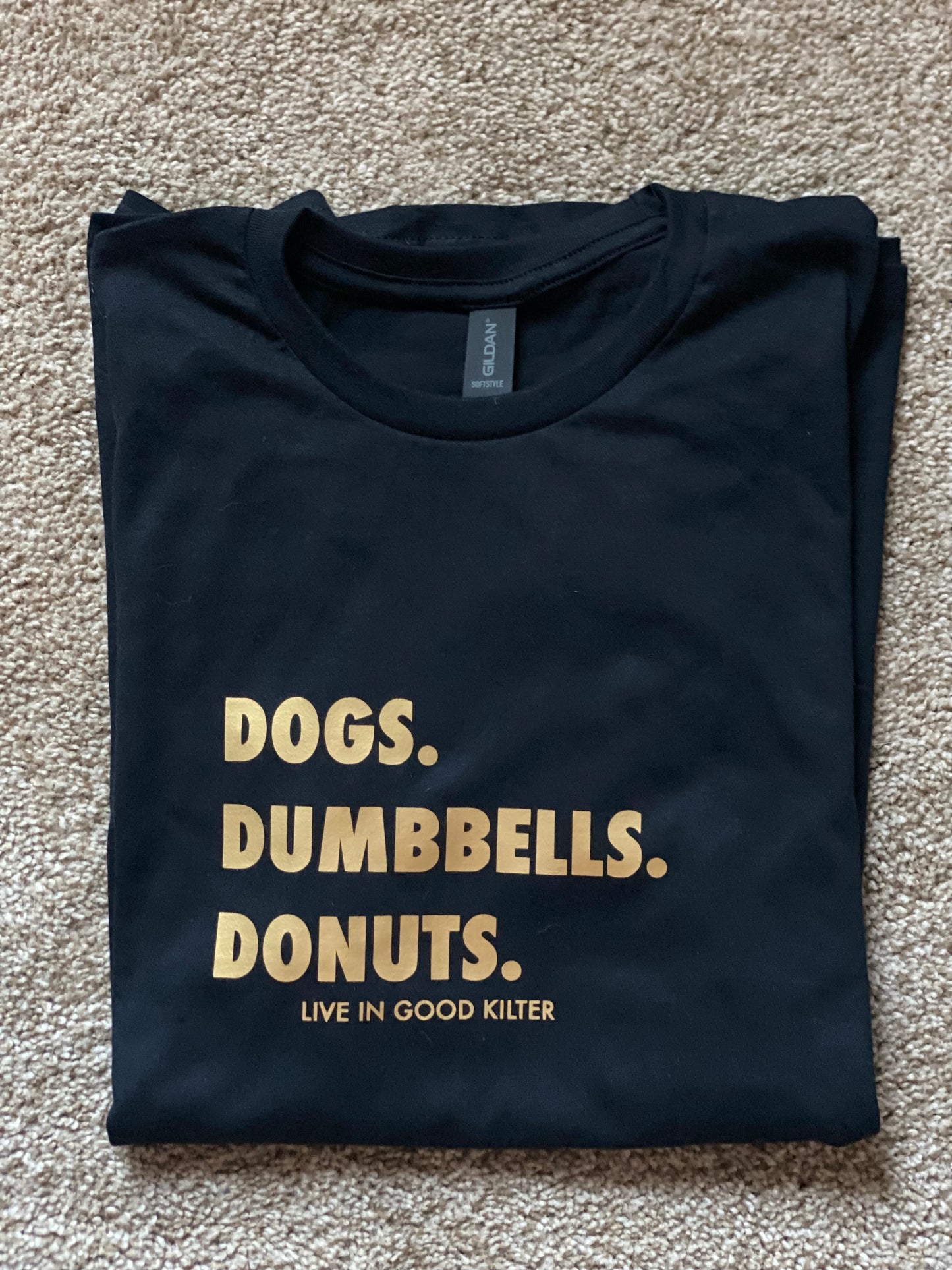 Essentials- Dogs. Dumbbells. Donuts- Black & Gold